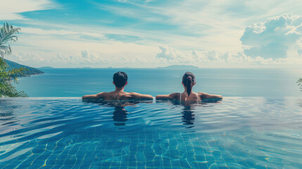 Two people are relaxing in an infinity pool overlooking the ocean in Thailand. The man looks European and the woman looks Asian. They are enjoying a luxurious vacation in Phuket.