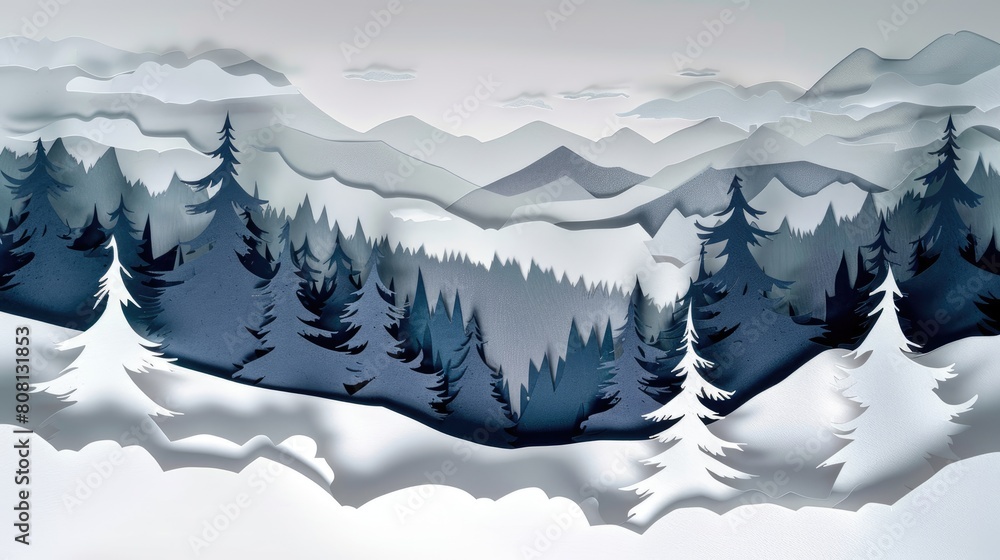 Poster papercut illustration of a forest being cleared for mining, with trees falling and dust clouds in pa