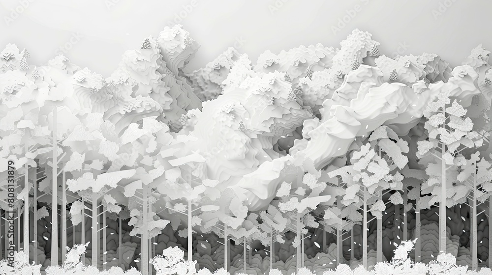 Poster papercut illustration of a forest being cleared for mining, with trees falling and dust clouds in pa