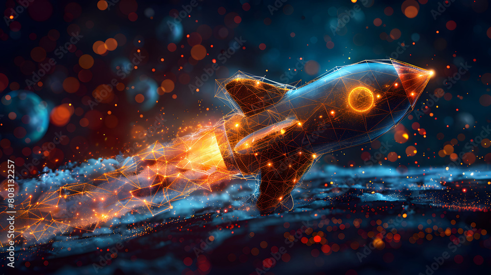 Poster an isolated illustration showcasing a flying rocket with planets in space, designed in a low poly st