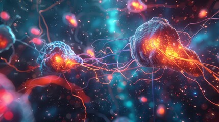 A detailed, glowing illustration of neuron cells with visible synaptic activity, showcasing neural communication in a microscopic view with vibrant, intricate connections.