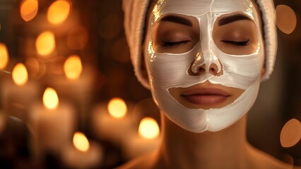 Woman with eyes closed enjoying relaxation in spa with white facial mask. Concept Spa, Relaxation, White Facial Mask, Beauty, Wellness