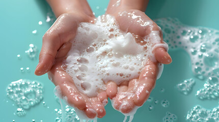 Fototapeta premium Light blue background with hands immersed in soap foam