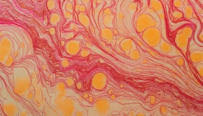Japanese suminagashi marbled paper technique texture in red and yellow detailed surface abstract background