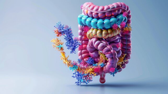 A colorful illustration of the large intestine, showing its anatomical features