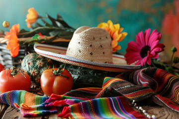 Assorted Items on Table: Hat, Scarf, Tomatoes, Flowers