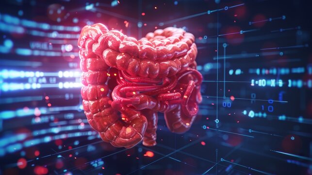 A 3D rendered view inside the large intestine, showing its folds and mucous membrane