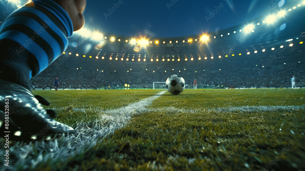 Wall mural professional soccer player kick ball at stadium closeup shot, football match and championship, leg in sport shoe close-up