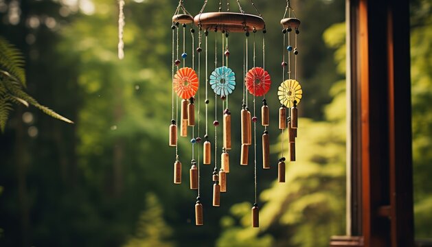 A wooden wind chime is hanging from a pole, creating harmonious sounds when the wind blows