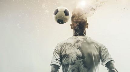 back view portrait of soccer player with ball, man with football equipment double exposure shot, game strategy and scheme planning concept