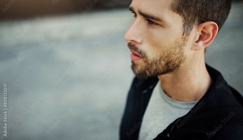 Poster Man, athlete and thinking in urban outdoor for sport training, health and wellness with running exercise. Serious male runner, thoughtful and workout in city with fitness ideas, mindfulness and beard