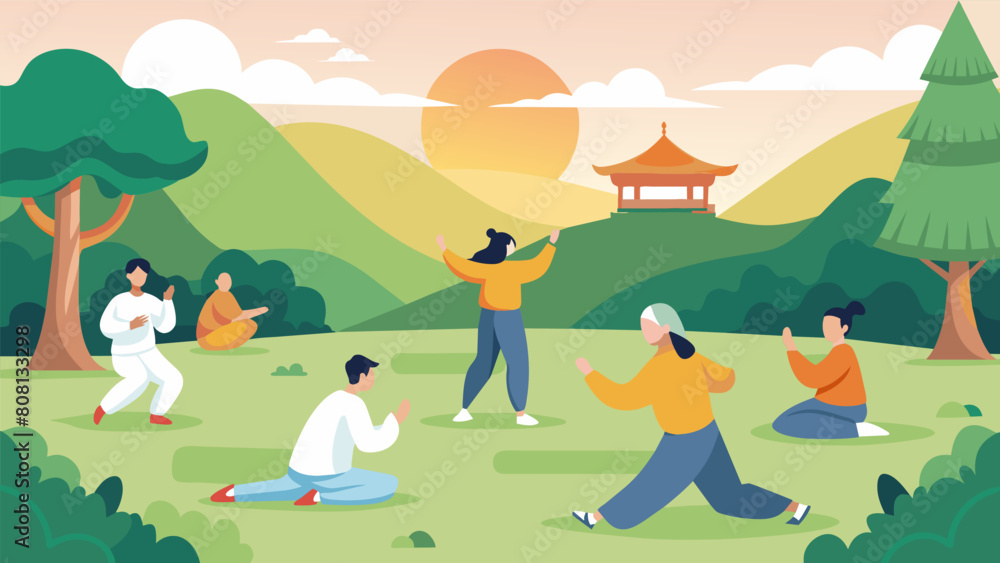 Aufkleber the sound of soft music and soft footsteps echoing through a serene park as a group practices qi gon