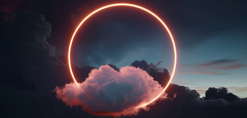 Soft peach neon ring around a cloud in a dark sky, enclosed in a 3D-rendered frame.