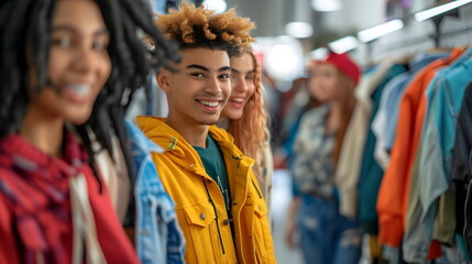 Obraz premium Portrait of a young boy with curly hairstyle shopping with friends