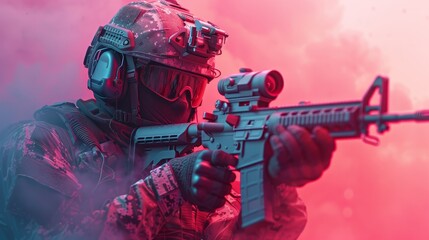 A special operations soldier in advanced tactical gear aims a rifle through a red dot sight, surrounded by vibrant smoke.
