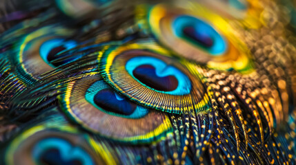 Close-up of an intricate peacock feather design, showcasing its vibrant colors and patterns