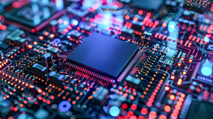 Intricate close-up of a circuit board, showcasing the inner workings of a 5G network and its advanced technology