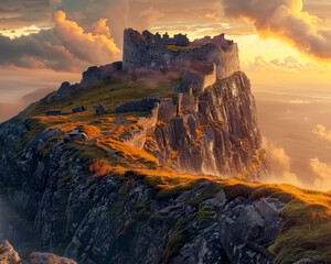 Intricate details of a hill fort, highlighted by the warm glow of a sunset