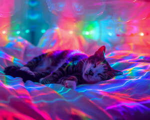 Lollygagging indoor pets in a surreal aurora-filled room