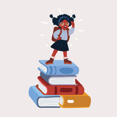 Cartoon vector illustration of Cheerful little Schoolgirl Dreaming standing At Books Stack