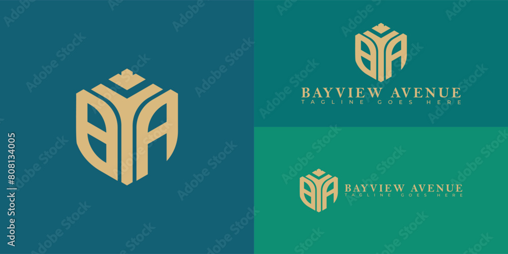Poster abstract initial hexagon letter ba or ab logo in gold color isolated on multiple background colors. 