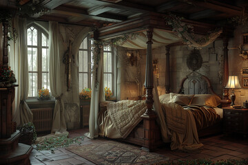 A beautiful, wooden four-poster bed anchors the bedroom.