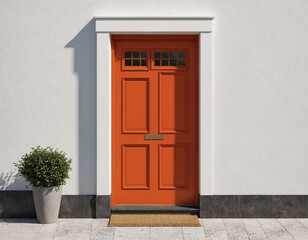 door in a wall, front door painted orange with plant decorating the side