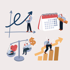 Cartoon vector illustration of Time and money on scales, business success. Man with calendar, deadline, important date, man holding increasing arrow, man walking step up. Next level concept