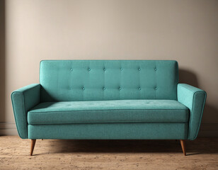 teal couch in a room with plan wall and floor without any other furniture