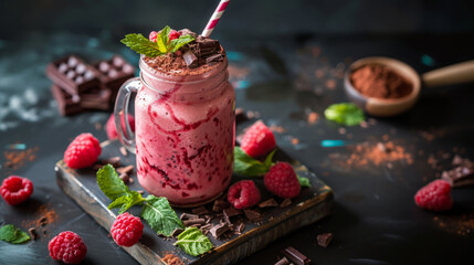 food photography, delightful raspberry milkshake in a mason jar, topped with mint leaves and a...