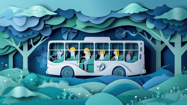 Papercut scene of a public transport bus running on clean energy, with happy passengers inside, symbolizing sustainable travel.