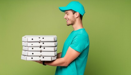 Happy smiling man wearing cyan blue hat and t-shirt on a green backdrop delivering pizza boxes side shot