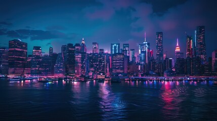Illuminated Manhattan skyline with a stunning reflection over the water during the twilight hour