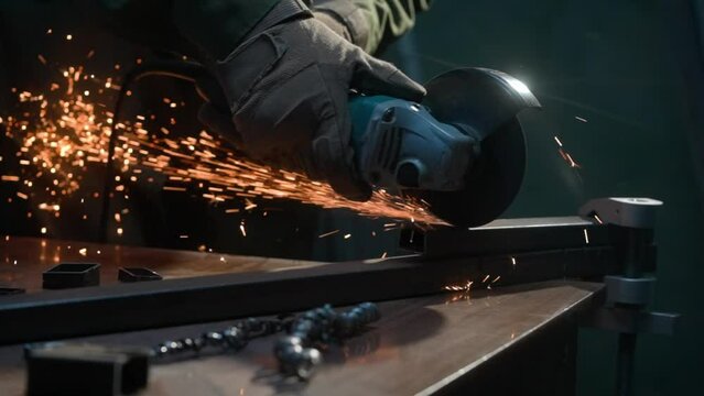 Craftsman working with grinder at industrial plant, man grinding edge of iron detail, sparks flying around and falling on the ground in workshop.