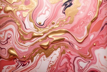 Abstract Pink and Coral Liquid Art with Gold Accents
