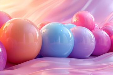 Pink, blue and purple pastel color glossy balls on a wavy pink surface.