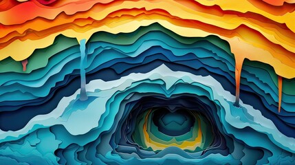 Papercut scene of an underground natural gas reservoir, with layers of earth and colorful gases.
