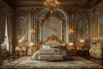 Exquisite furnishings adorn the opulent bedroom with lavish decorations.