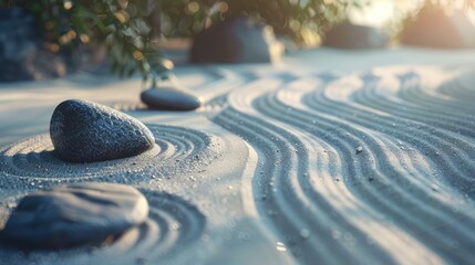 Zen garden with raked sand and smooth stones, focus on tranquility.