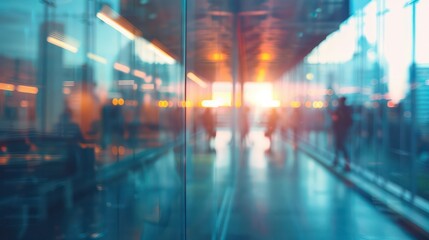 Commuters in silhouette against a vibrant sunset through the reflective glass of an airport