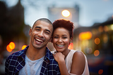 Happy couple, portrait and hug or city for night downtown or relationship date, bokeh or evening....
