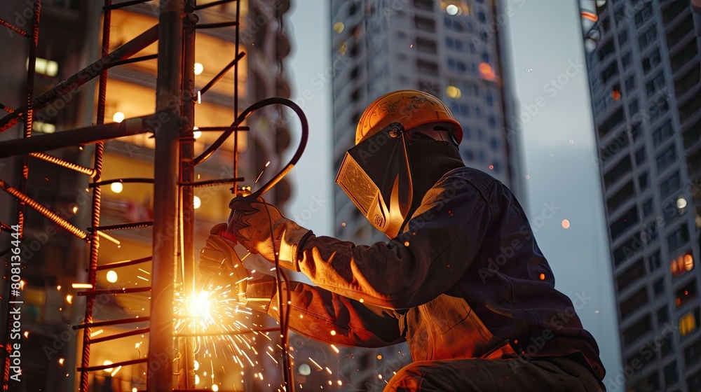 Poster close-up of a construction welder applying flux-cored arc welding on a high-rise building framework 