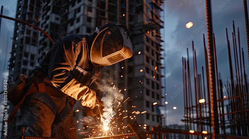 Poster close-up of a construction welder applying flux-cored arc welding on a high-rise building framework 