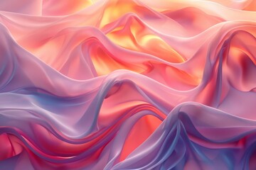 The image is a colorful abstract painting. It has a wavy pattern and a gradient of colors, including pink, orange, yellow, and purple.
