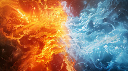 A dramatic fusion of fiery orange and icy blue waves, their intense collision resembling the spectacular visuals of a sunburst.