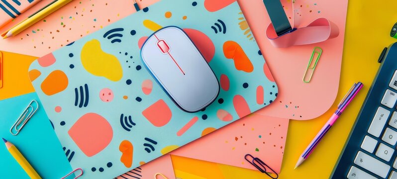 A close-up of a cheerful, patterned mouse pad with a matching mouse, surrounded by scattered paper clips and pencils.