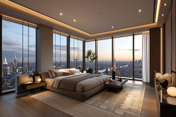 Floor-to-ceiling windows illuminate the expansive, lavish bedroom suite.