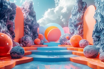The image is a surreal landscape with a blue sky, pink and blue rocks, and a path leading to a glowing orange orb.