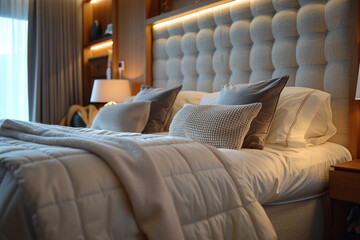 Plush, comfortable bedding adorns the luxurious bedroom bed.