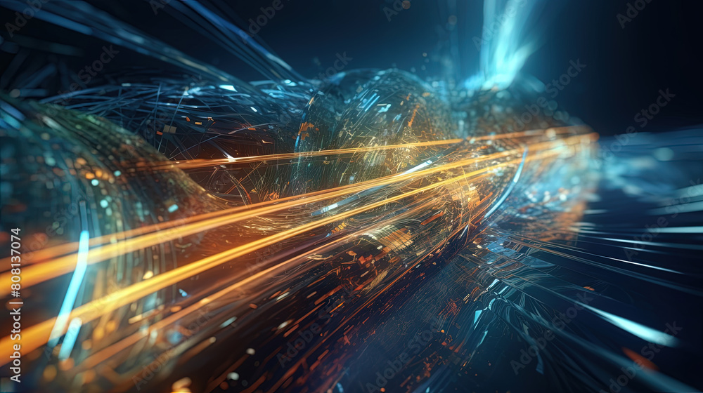 Poster Abstract technology burst with glowing wires and particles in motion. Technology and science dynamic background.
